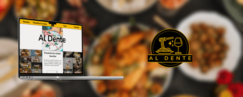 Al dente, foto de una computadora con el sitio web Al Dente, con comida de fondo difuminada